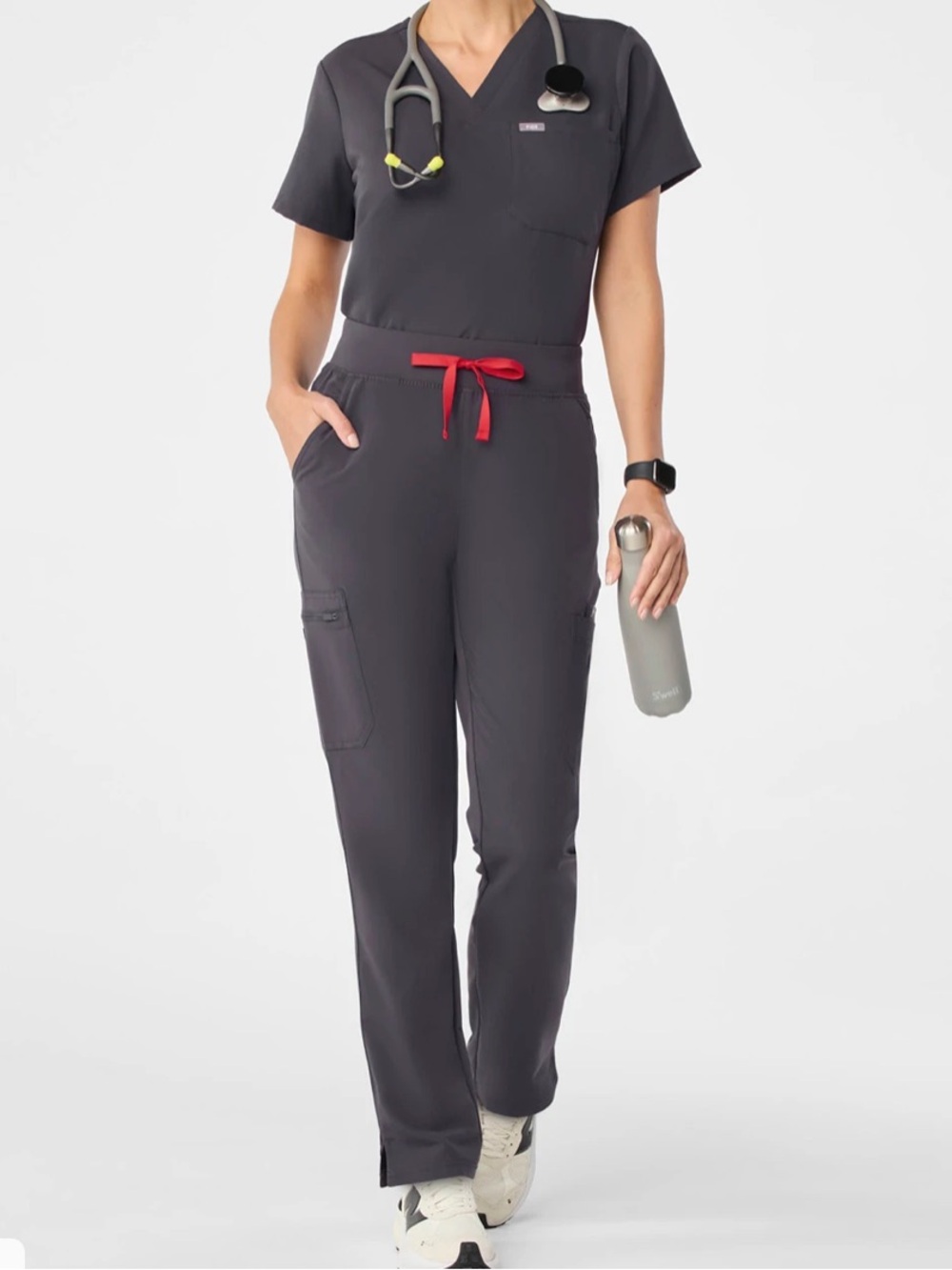 Figs Yolo Straight Leg Scrub Pants in Charcoal with Red Drawstring